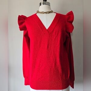 MOLLY BRACKEN NWT Red Sparkle V-Neck Sweater with Ruffle Shoulders. Size Large